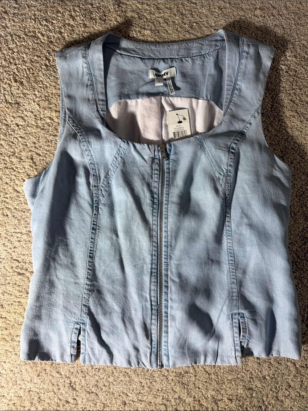 DKNY Light Denim Zip-Front Sleeveless Top